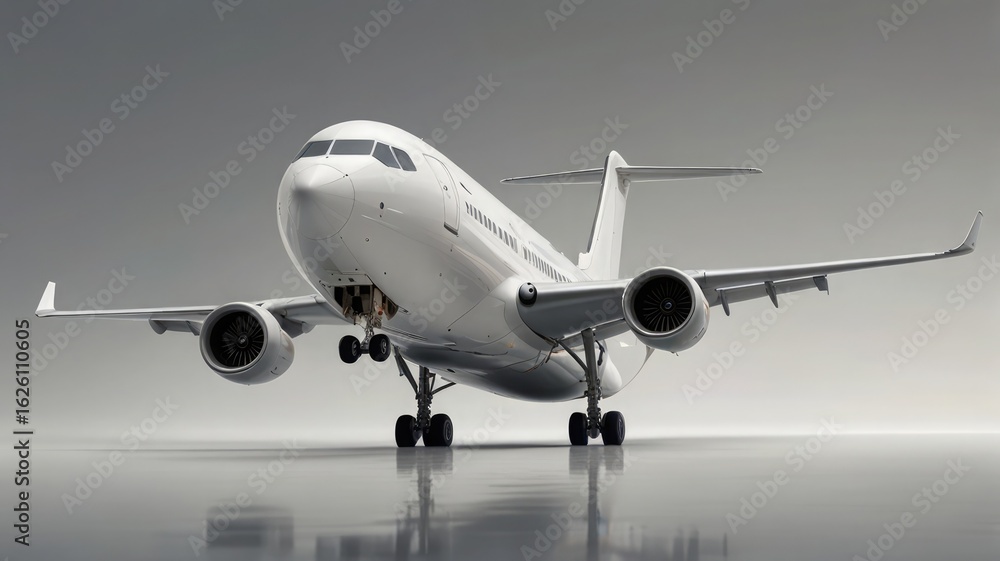 Obraz premium A white passenger airplane is shown on a reflective surface, facing the viewer.