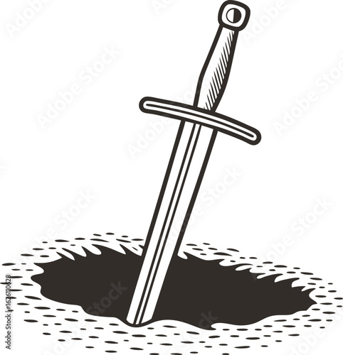 Medieval sword stuck in ground, black and white illustration vintage weapon, knight symbol, strength, conflict and bravery