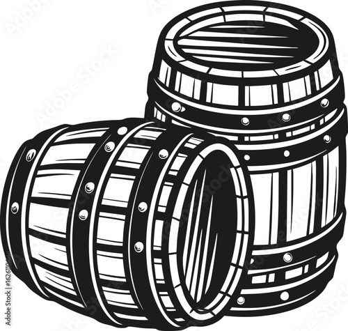 Vintage wooden barrels illustration traditional cooperage casks, hand drawn oak containers for storage and aging beverages