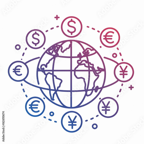 Vector illustration of globe with dollar, euro, and yen symbols connected by dotted lines for global finance