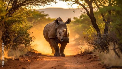 Majestic Rhino Walking Towards Camera on Dusty African Road at Sunset
