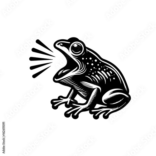 Black and White Illustration of a Croaking Frog.