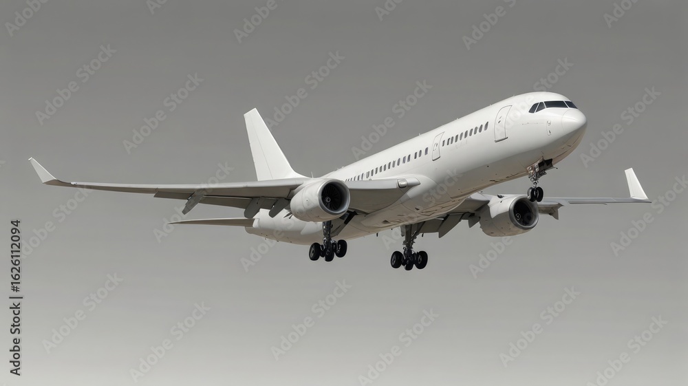 Obraz premium A white passenger jet aircraft in flight, poised for landing against a neutral backdrop.