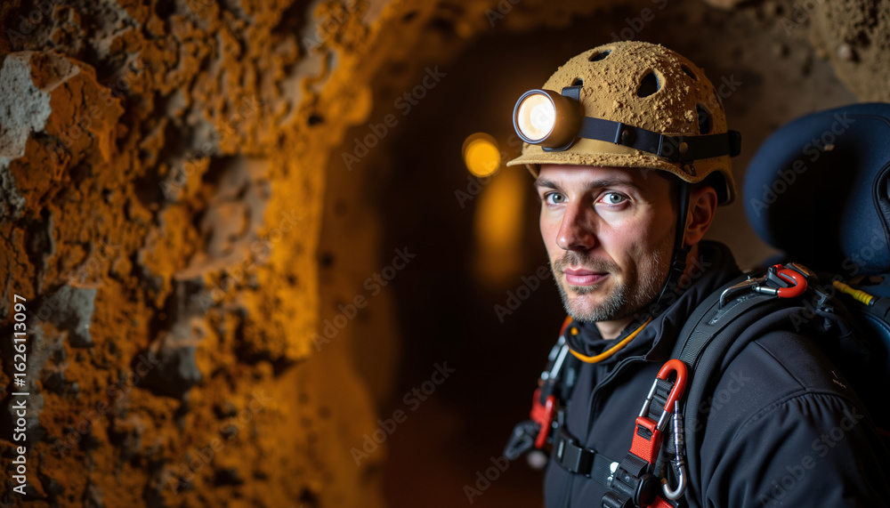 Fototapeta premium Male caver wearing helmet and headlamp in underground tunnel 