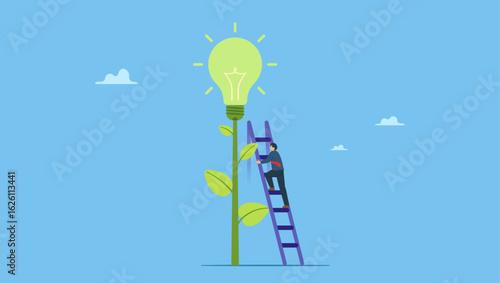 Businessman climb up ladder to reach lightbulb grow plant. Creativity idea, solution or persuade success, climb up career ladder or business growth, improvement progress, personal development.