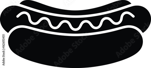 Classic american hot dog with mustard drizzle in a black and white silhouette style