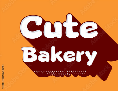 Vector Marketing label Cute Bakery. Cute Font with Big Shadow. Tasty Alphabet Letters and Numbers set.