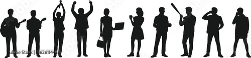 Silhouettes of diverse professionals, guitar player, trophy winners, tech users, sports figure, business roles, communication theme, lifestyle variety, modern skills