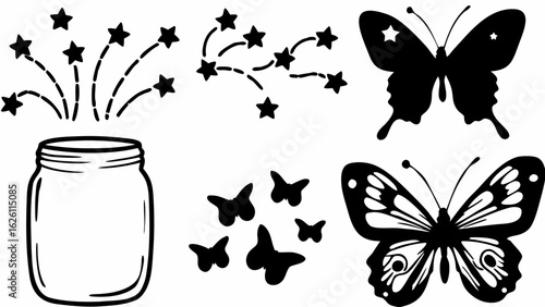Illustration of mason jar with stars butterflies and star trails in black and white vector design