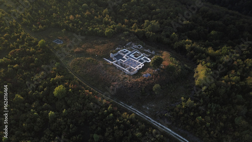 Aerial view of the archaeological site of Rudina in Croatia, peaceful and atmospheric mood.