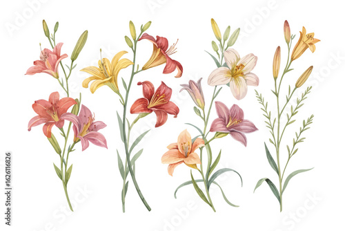 set of watercolor Daylily Branch vector illustration isolated on white background