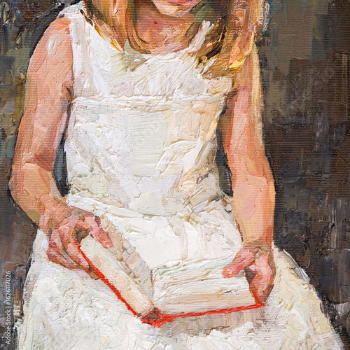  Impressionist oil painting of a young girl in a white dress reading a book.