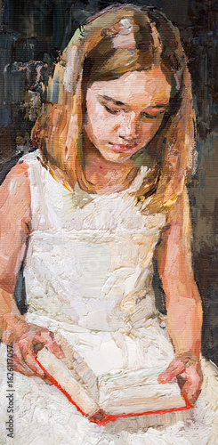  Impressionist oil painting of a young girl in a white dress reading a book.