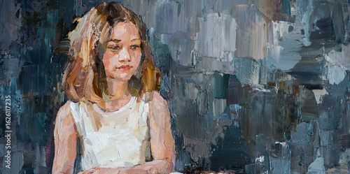 Impressionist oil painting of two girls in white dresses sharing a quiet, affectionate moment.