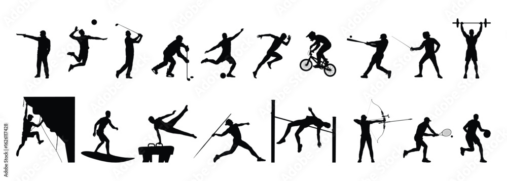 Fototapeta premium Male athlete play different sports disciplines silhouette set vector collection. 