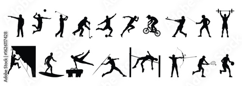 Male athlete play different sports disciplines silhouette set vector collection. 