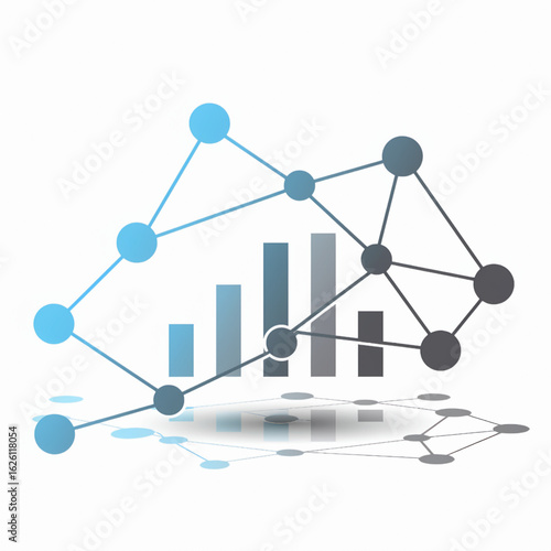 Vector abstract data visualization with blue network nodes and ascending bar chart