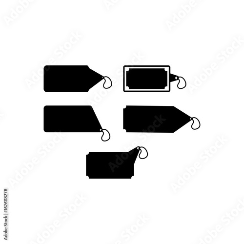 A versatile set of black silhouette price tag icons with strings, isolated on a white background for retail and design.
