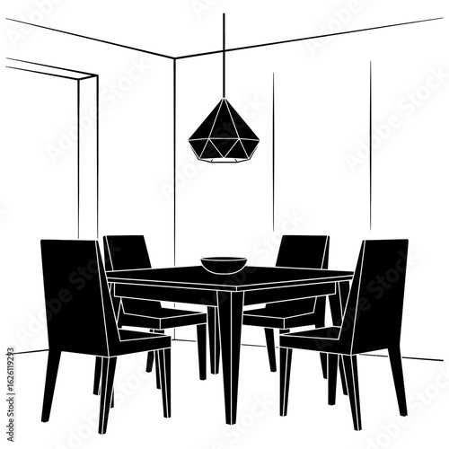 Modern dining room interior design sketch with a square table and four chairs, featuring a geometric pendant light.