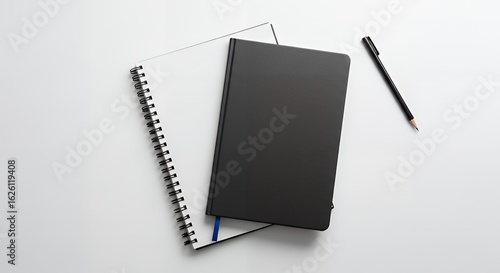 Organize your thoughts with a sleek black journal and spiral notebook on a clean white desk, perfect for creative brainstorming sessions and focused work