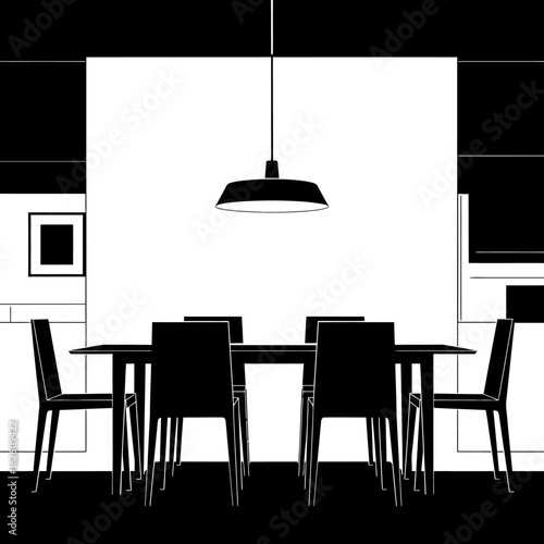 Minimalist dining room illustration featuring a black table and chairs under a hanging lamp against a white wall, creating a modern and simple aesthetic.