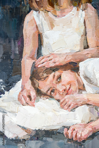 Impressionist oil painting of two girls in white dresses sharing a quiet, affectionate moment.