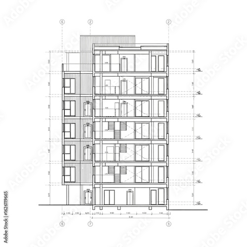 Detailed architectural cross-section drawing showcases the structural design and interior layout of a modern residential building, emphasizing clarity and precision.