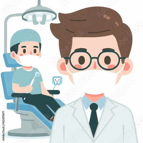 Cartoonstyle dentists seated in a chair holding a tool and standing in a white coat with glasses