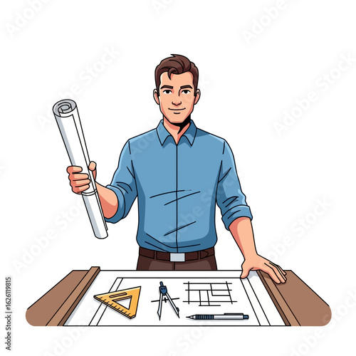 Friendly architect presenting blueprints, smiling and confident, showcasing architectural design and construction plans, professional and skilled in his work.