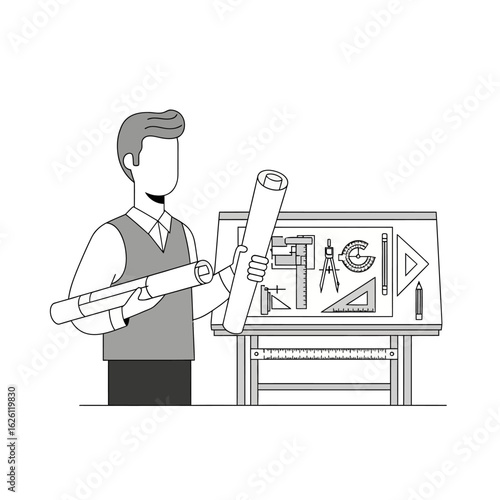 An architect or designer holds blueprints near a drafting table filled with measuring tools and drawing instruments, symbolizing planning and creation.