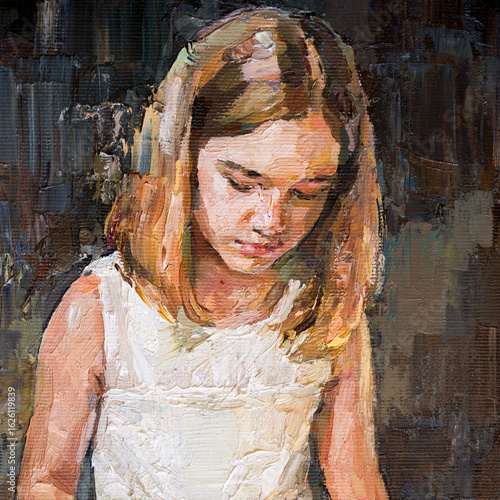  Impressionist oil painting of a young girl in a white dress reading a book.