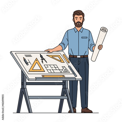 A professional male architect with a beard stands confidently beside a drafting table, holding blueprints in a detailed illustration.