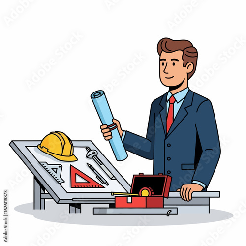 A confident architect proudly presents blueprints and construction tools at his drafting table, showcasing expertise and professionalism in architectural design.