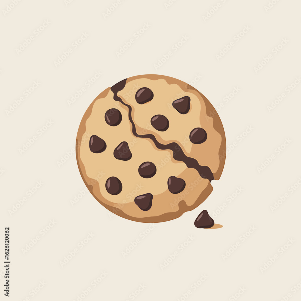 Fototapeta premium Delicious chocolate chip cookie with a bite taken out illustration style snack food confectionery sweet treat bakery item baked good dessert