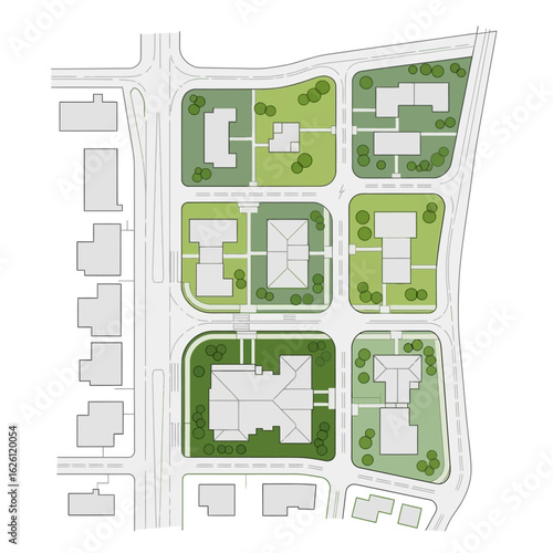 Overhead architectural rendering showcases a planned residential development with green spaces and building layouts, offering a conceptual view of urban planning.