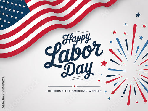  Labor Day Greeting Card Design with Waving American Flag and Fireworks on White Background