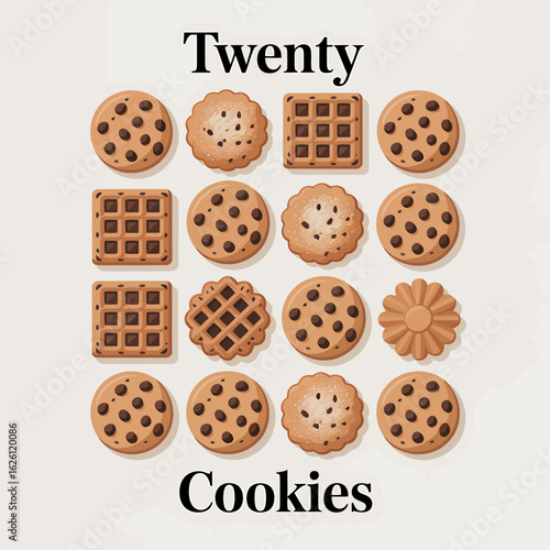 An array of twenty delicious cookies and waffles for a tasty background or design element
