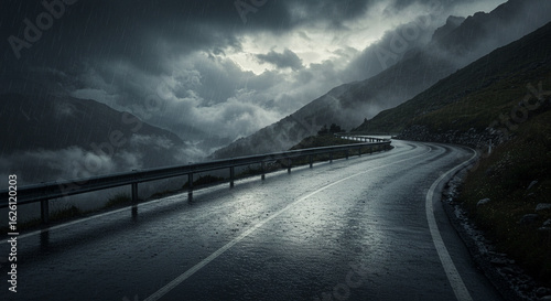 Background driving scenic mountain road in bad weather conditions with dark clouds and rain for travel and adventure
