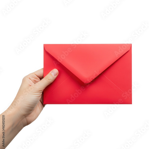 Hand holding a red envelope isolated on transparent background
