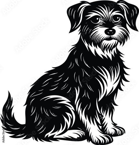 Black and white illustration of a small shaggy dog sitting on a white background terrier