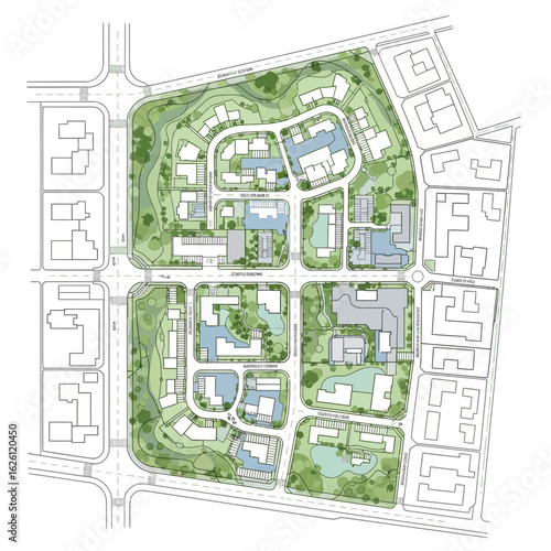 Aerial view of a modern urban planning project with green spaces, residential buildings, and infrastructure design.