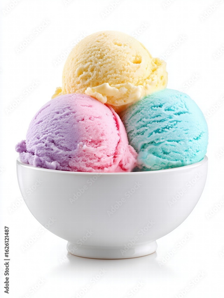 Three Pastel Ice Cream Scoops in White Porcelain Bowl: Vanilla, Berry, Matcha on Seamless Gradient Background Three Pastel Ice Cream Scoops in White Porcelain Bowl: Vanilla, Berry, Matcha on Seamless Gradient Background