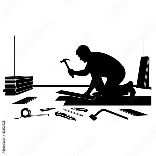 A silhouette of a craftsman hammering a piece of wood while installing a floor with tools scattered nearby, depicting home improvement and construction.
