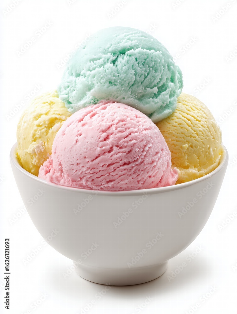 Three Pastel Ice Cream Scoops in White Porcelain Bowl: Vanilla, Berry, Matcha on Seamless Gradient Background Three Pastel Ice Cream Scoops in White Porcelain Bowl: Vanilla, Berry, Matcha on Seamless Gradient Background