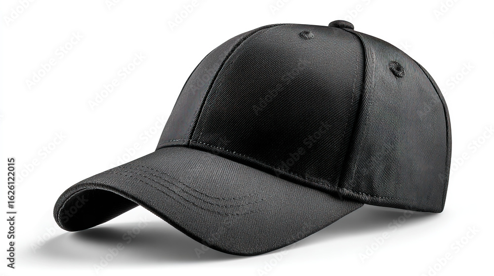 Fototapeta premium Sleek Black Cap: A close-up studio shot of a stylish black cap, highlighting its classic design and versatile appeal.