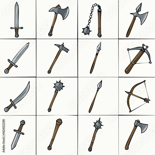 Assorted Medieval Weapons Swords, Axes, Flails, Spears, and More