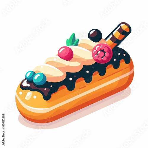 Cartoonstyle eclair pastry with cream berries chocolate and striped wafer stick