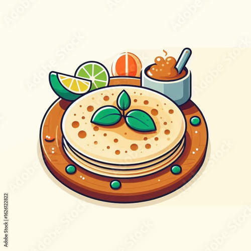 Cartoonstyle flatbread stack on a wooden plate with citrus slices  sauce