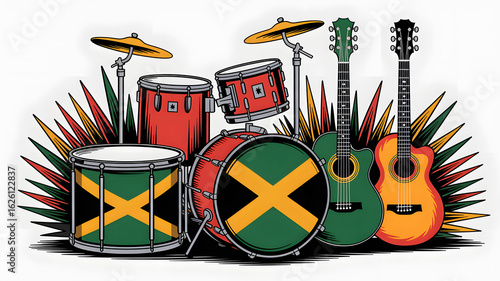 Vibrant Reggae Music Illustration Featuring Drums and Guitar