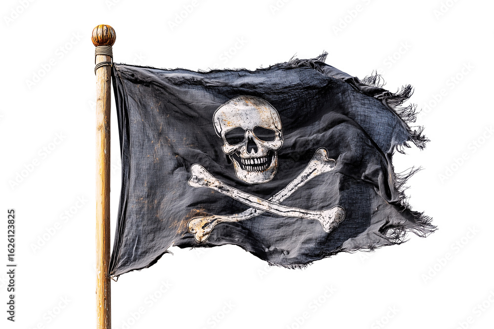 Obraz premium Tattered jolly roger pirate flag waving on wooden pole isolated on transparent background